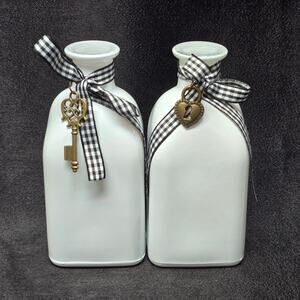 Country Mini Bud Vase Bottle Checkered Ribbon with Key & Heart Charms